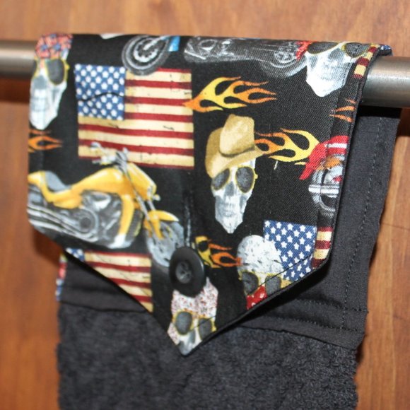 AMERICAN FLAG, MOTORCYCLE, SKULL HANDMADE HANGING KITCHEN BLACK COTTON HANDTOWEL - Picture 3 of 4